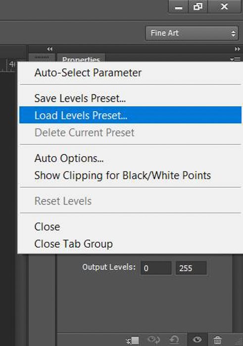 Una captura de pantalla que muestra cómo hacer la corrección de color en Photoshop con una tarjeta gris: niveles de carga predeterminados