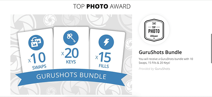 Captura de pantalla del sitio web de fotografía Gurushots 'premio a la mejor foto'