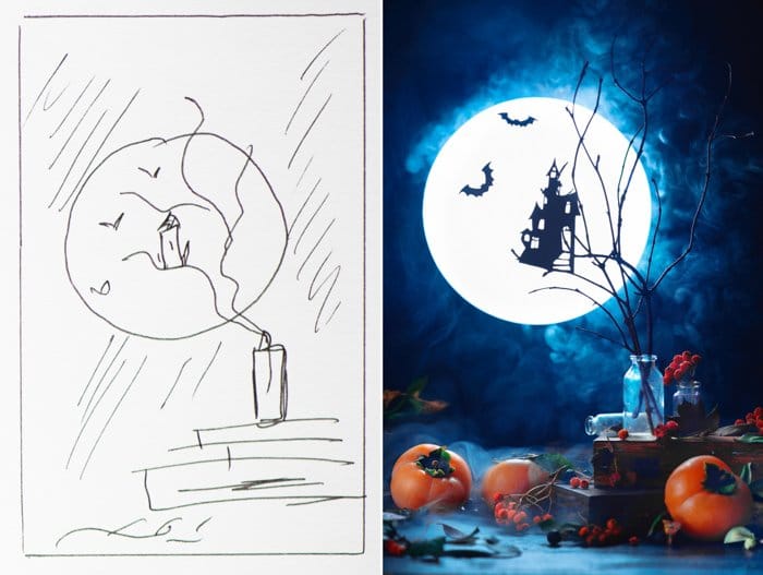 Díptico de un boceto para una espeluznante fotografía de Halloween Bodegón junto a la foto realizada
