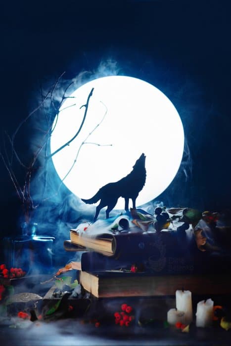 Bodegón atmosférico de Halloween con la silueta de un lobo aullando frente a la luna llena