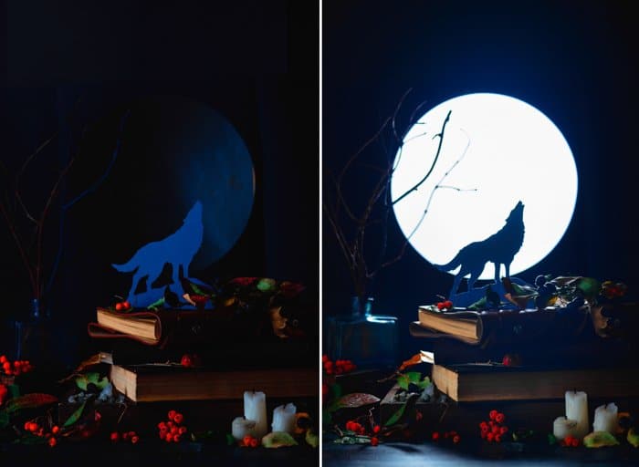 Díptico de bodegones atmosféricos de un lobo de papel aullando contra la luna llena y otros espeluznantes accesorios de fotografía de Halloween contra un fondo oscuro