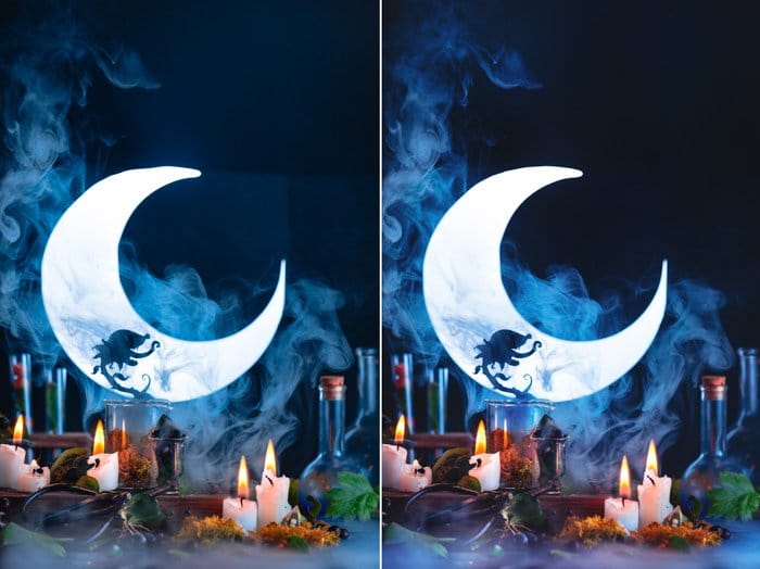 Una naturaleza muerta con la silueta de una planta espeluznante, una luna creciente, velas y otros accesorios espeluznantes: imágenes geniales de Halloween