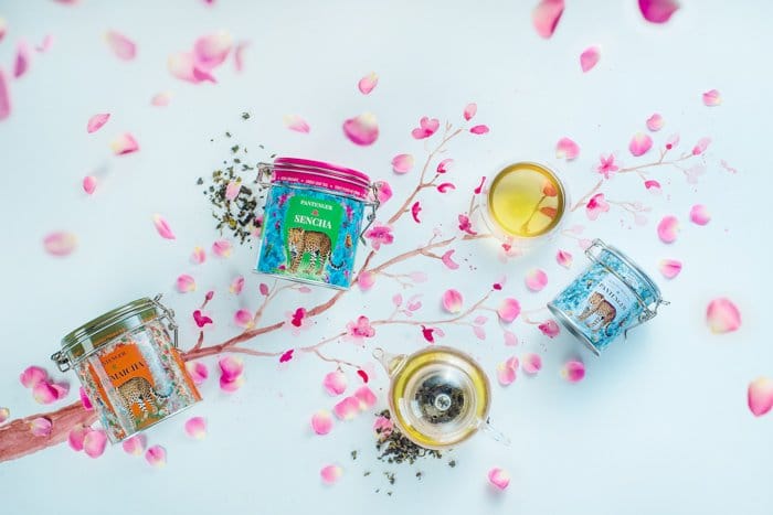 Fotografía de productos luminosa y aireada plana de pétalos de flores y productos cosméticos sobre un fondo pintado a mano