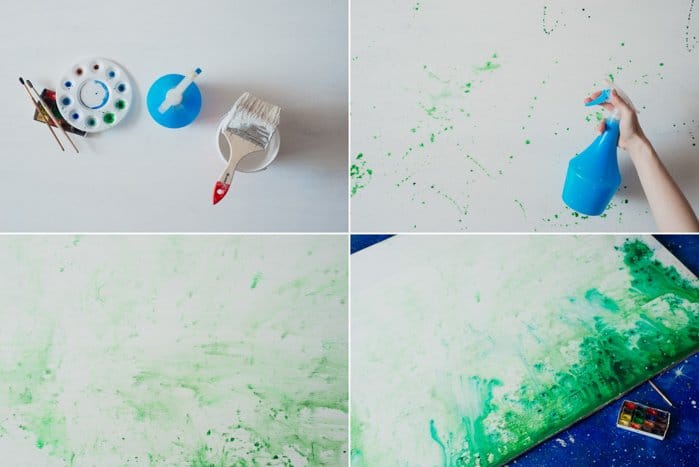 Una cuadrícula de cuatro fotos que muestra el proceso de pintar fondos de fotografía a mano