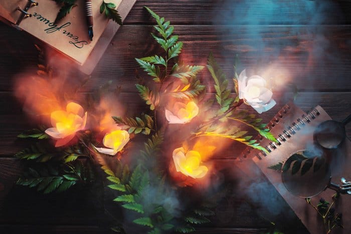 Un plano creativo de pétalos de flores en llamas contra un fondo pintado a mano