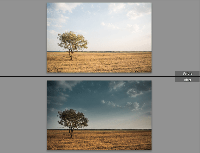 Antes y después de usar el filtro graduado en Lightroom