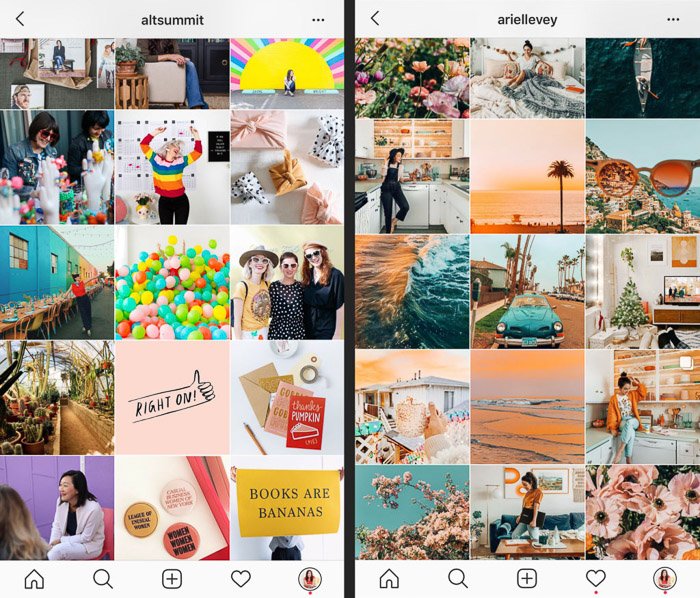 Dos feeds de IG distintos, cada uno con una fuerte marca.  - cómo editar fotos de instagram en Lightroom
