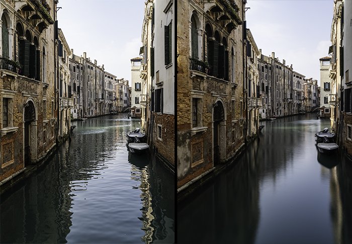 Un díptico de un canal en venecia, la foto correcta tomada con una configuración de fotografía de larga exposición durante el día