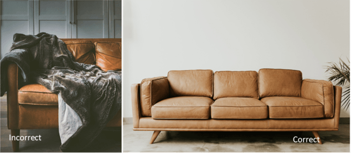 Un díptico que muestra la forma correcta e incorrecta de fotografiar el producto de un sofá de cuero. 