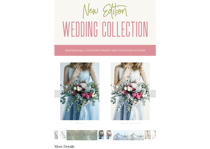 Captura de pantalla del sitio web Be Art Presets con una colección antigua de ajustes preestablecidos de boda para Lightroom
