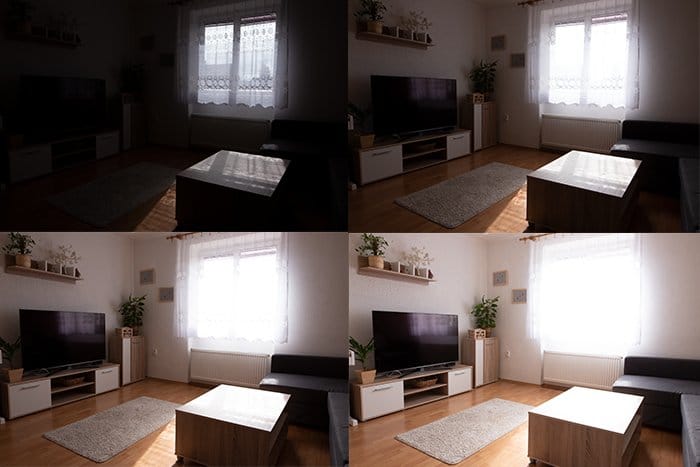 Cuadrícula de cuatro fotos de fotografía de bienes raíces con diferentes luces
