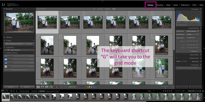 Una captura de pantalla que muestra cómo aplicar ajustes preestablecidos de Lightroom usando el módulo Biblioteca