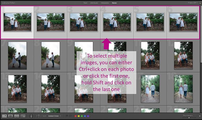 Una captura de pantalla que muestra cómo seleccionar varias imágenes para la edición por lotes en lightroom