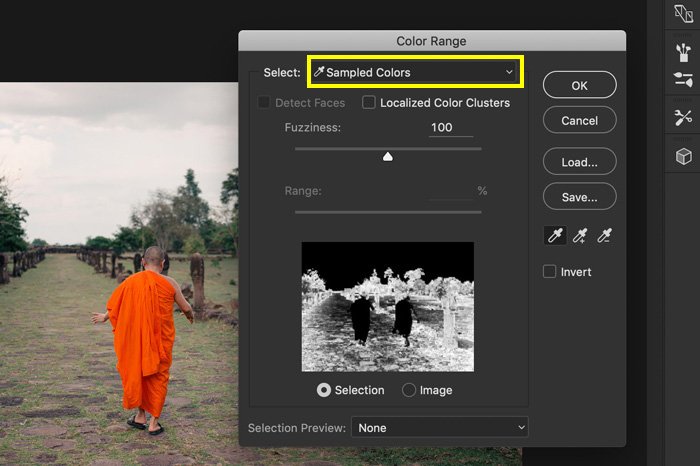 Una captura de pantalla que muestra cómo seleccionar 'colores de muestra' en Photoshop