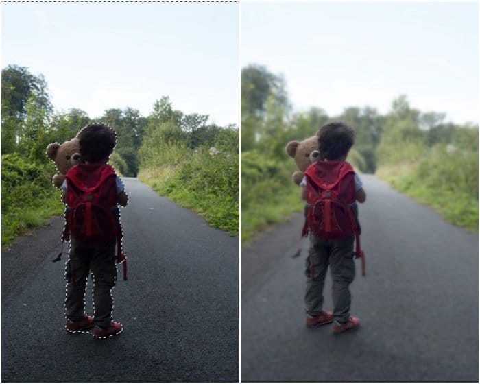 Un díptico de un niño sosteniendo un osito de peluche en una carretera, la foto de la derecha borrosa