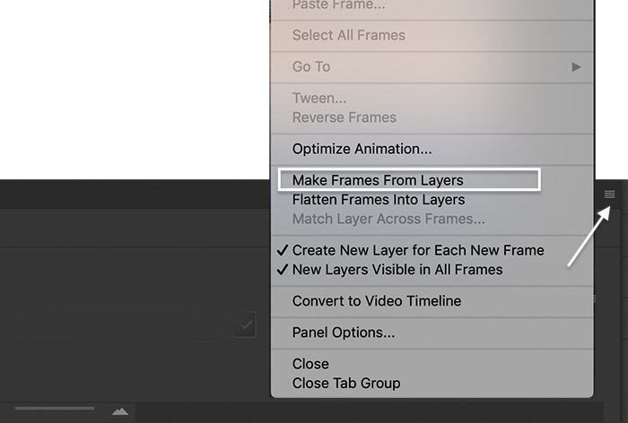 cómo hacer un gif en Photoshop: captura de pantalla de Photoshop del menú de la línea de tiempo para hacer marcos a partir de capas para un GIF