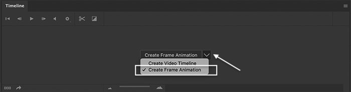 cómo hacer un gif en Photoshop: captura de pantalla de Photoshop de la ventana de la línea de tiempo y opciones de animación para un GIF