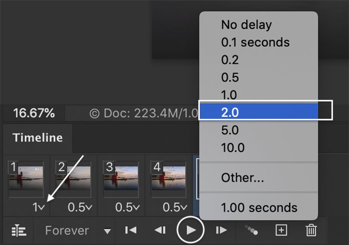 cómo hacer un gif en Photoshop: captura de pantalla de Photoshop del menú de tiempo de la línea de tiempo y control de reproducción para un GIF