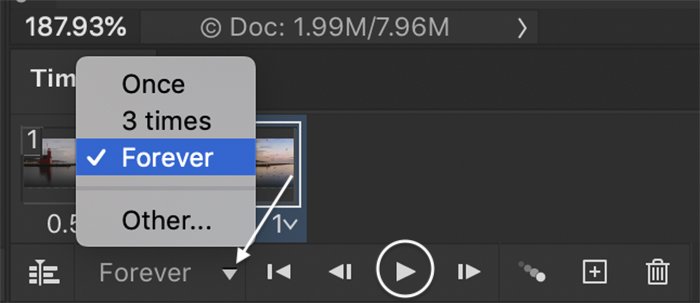 cómo hacer un gif en Photoshop: Captura de pantalla de Photoshop del menú de bucle de cuadro de la línea de tiempo para un GIF