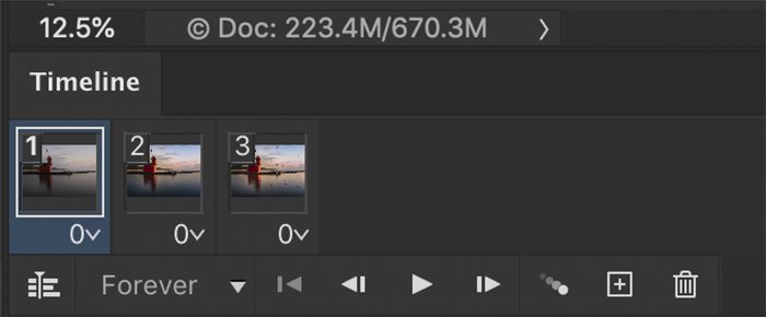 cómo hacer un gif en Photoshop: Captura de pantalla de Photoshop de la ventana de la línea de tiempo con capas de cuadros individuales para un GIF