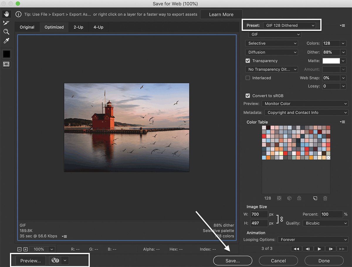 cómo hacer un gif en Photoshop: captura de pantalla de Photoshop de las opciones de guardar para la ventana web para Lighthouse GIF