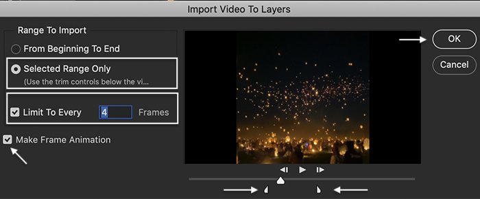 cómo hacer un gif en Photoshop: captura de pantalla de Photoshop de la ventana de importación de video a capas para un GIF