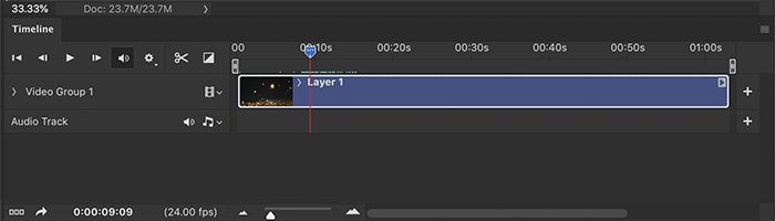 cómo hacer un gif en Photoshop: Captura de pantalla de Photoshop del video en la ventana de la línea de tiempo para un GIF