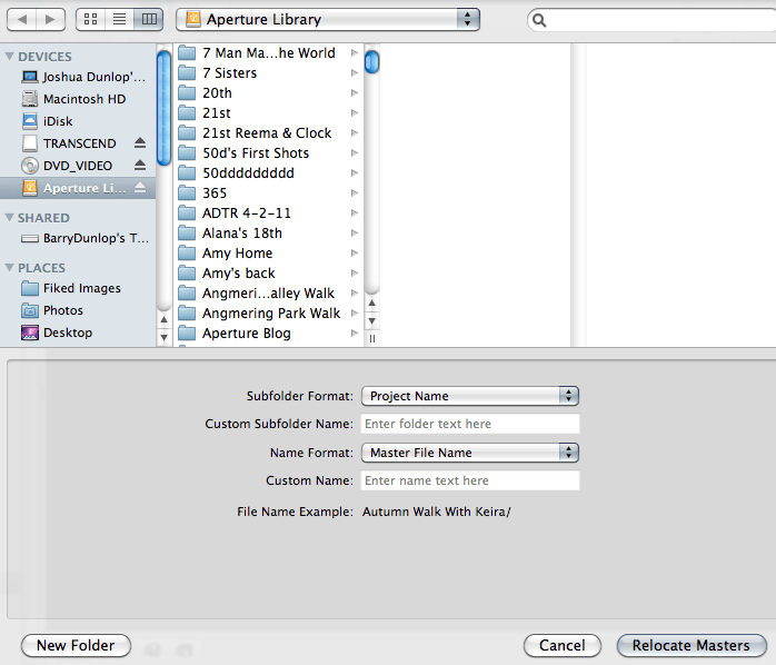 Una captura de pantalla de la configuración de la organización de Aperture Library con las carpetas específicas en ella