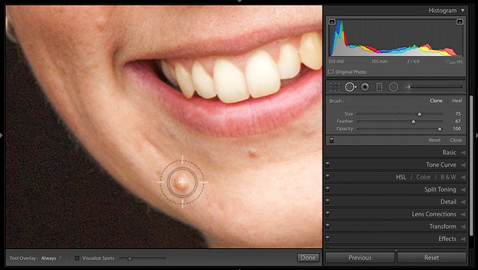Captura de pantalla del uso de la herramienta de eliminación de manchas para editar retratos en Lightroom