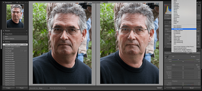 Captura de pantalla del uso del Pincel de ajuste en Lightroom para retocar sombras y tonos en un retrato