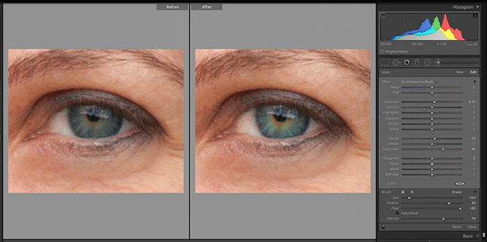 Captura de pantalla del uso de Enhancement Brush Iris Enhance para editar un retrato en Lightroom