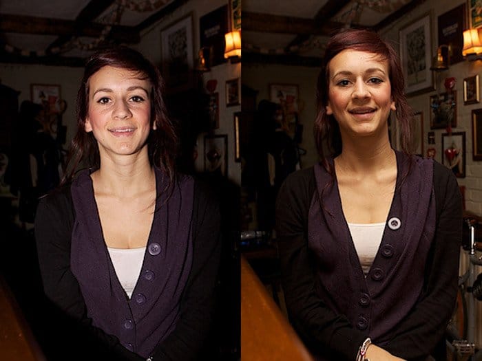 Díptico retrato de una modelo femenina comparando el uso de un rostro en flash externo