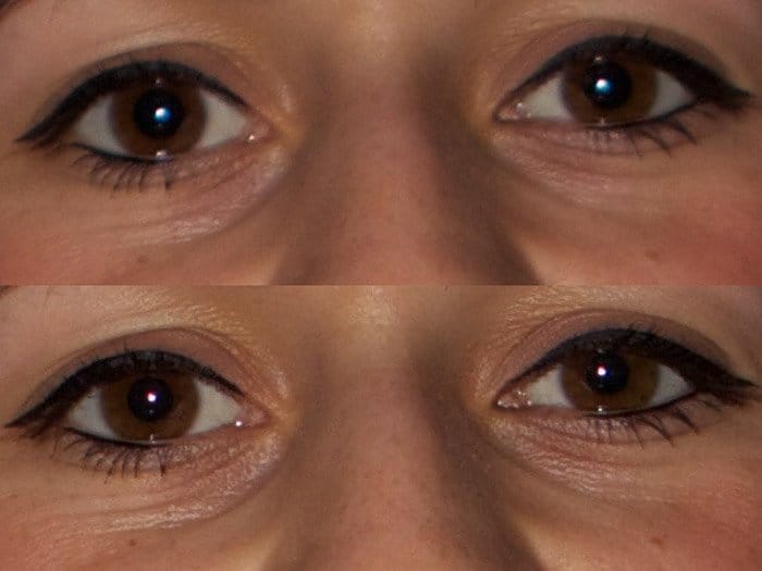Una foto díptico de un primer plano de los ojos muestra la diferencia entre usar las aperturas 2.8 y 4.0