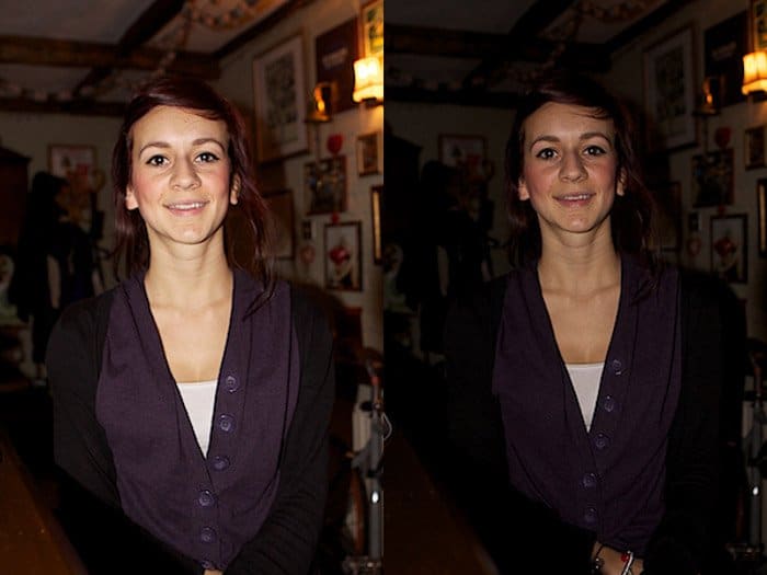 Díptico retrato de una modelo femenina comparando el uso de un flash externo
