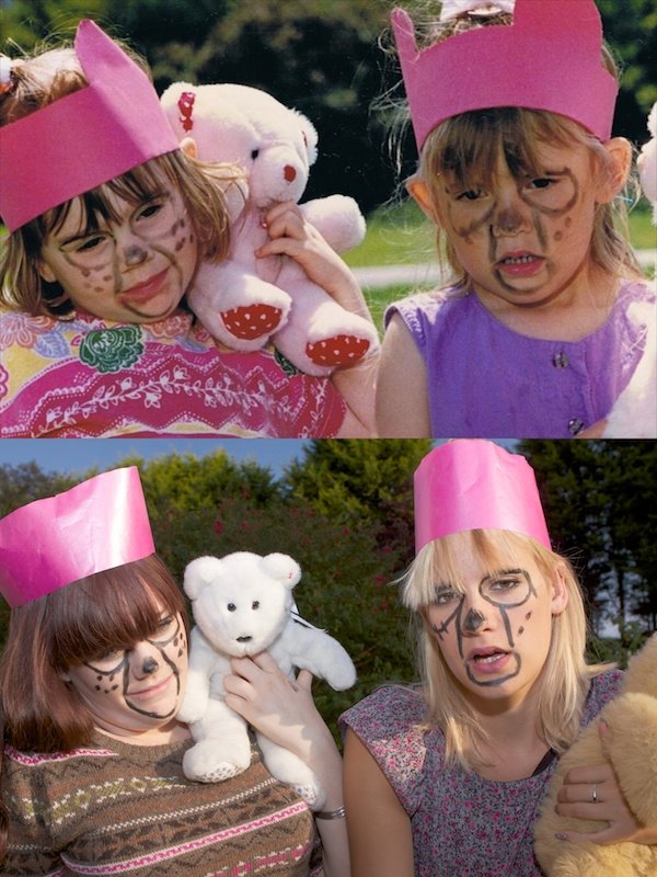 Dos fotos una al lado de la otra, una de dos niñas con la cara pintada y otra con dos mujeres adultas que replican la foto original.
