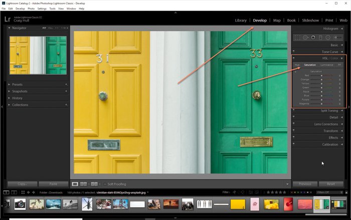 Una captura de pantalla que muestra cómo usar el panel de ajuste de saturación en Lightroom HSL