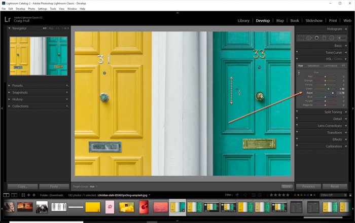 Una captura de pantalla que muestra cómo usar los controles deslizantes HSL en Lightroom: tono de color