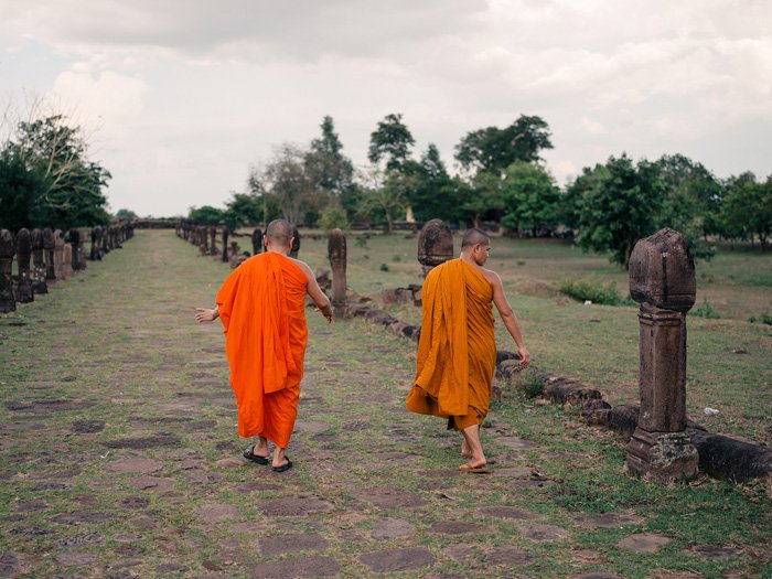 Dos monjes budistas caminando por un campo