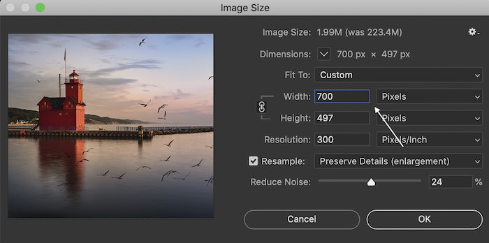 cómo hacer un gif en Photoshop: captura de pantalla de Photoshop de las opciones de tamaño de imagen para cambiar el tamaño de una imagen de faro para un GIF