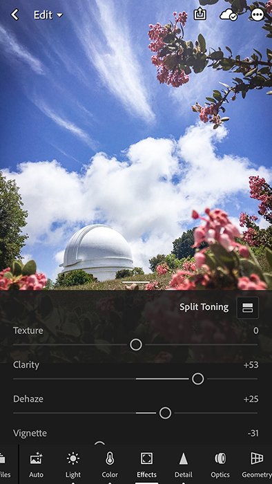 Una captura de pantalla de la edición con Adobe Lightroom mobile