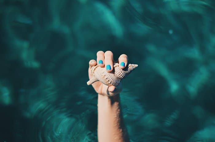 genial fotografía de uñas de una modelo femenina con uñas pintadas sosteniendo una concha marina 