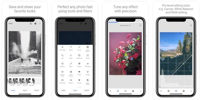 Cuatro pantallas de teléfonos inteligentes con la aplicación Snapseed en ellas