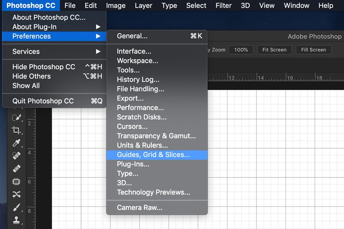 Una captura de pantalla que muestra cómo elegir las preferencias de cuadrícula, guías y cortes en Photoshop