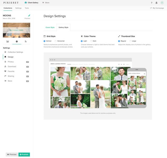 una captura de pantalla de la configuración de su cuenta pixieset: plataforma para compartir pixieset para fotógrafos,
