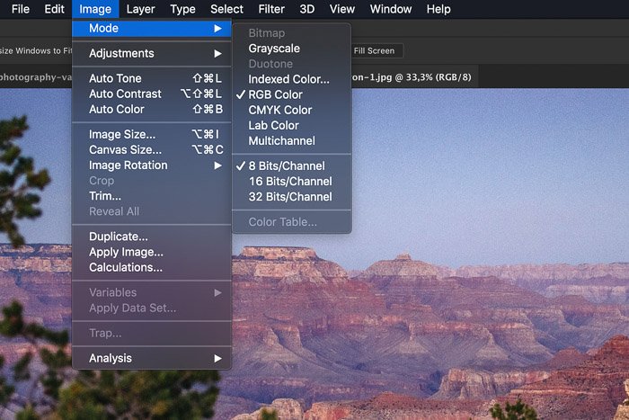 Una captura de pantalla de la elección de los modos de color en Photoshop: gestión del color