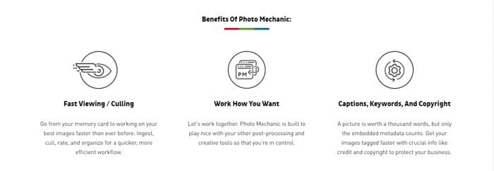 Una captura de pantalla del sitio web de Photo Mechanical que destaca los beneficios de usar este software